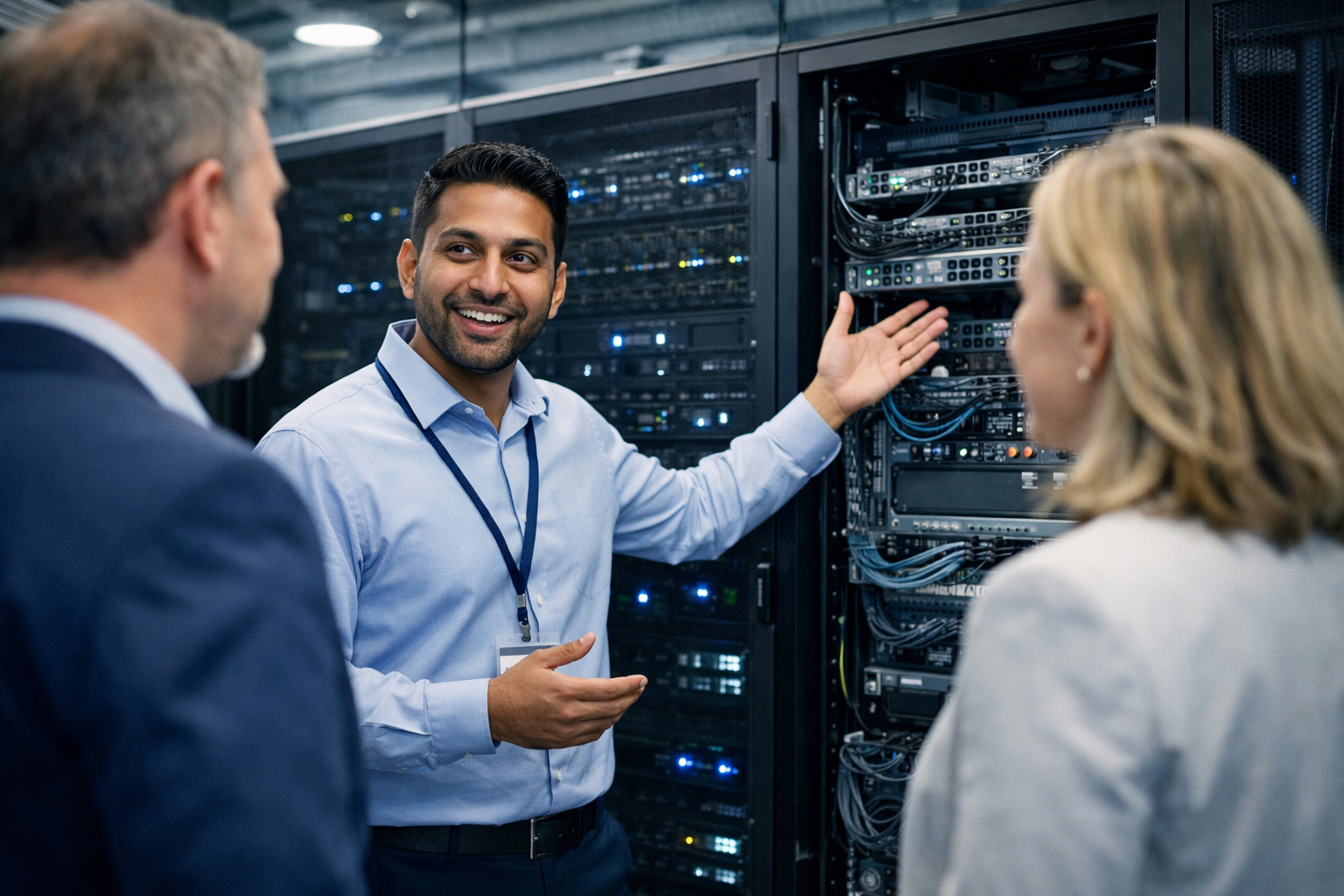 IT technician explaining backup strategy to property manger