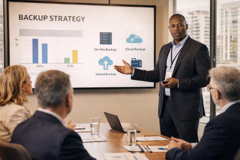 CIO presenting data backup strategy to property managers in a board room