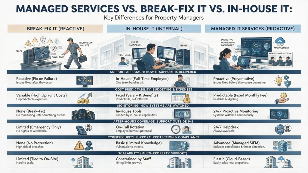 Break-fix, in-house, and managed IT support comparison for property management firms.