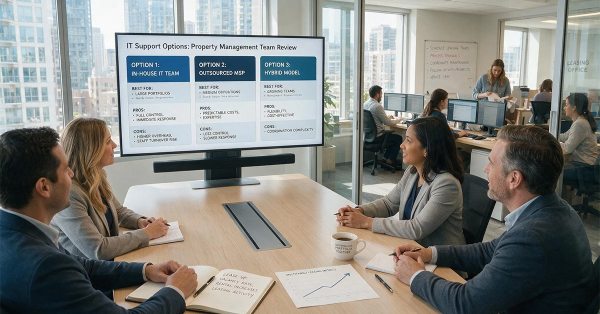 Property management team comparing break-fix, in-house, and managed IT support models.