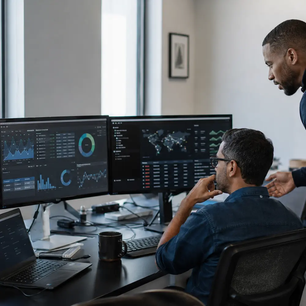Cybersecurity professional monitoring business systems in a modern office