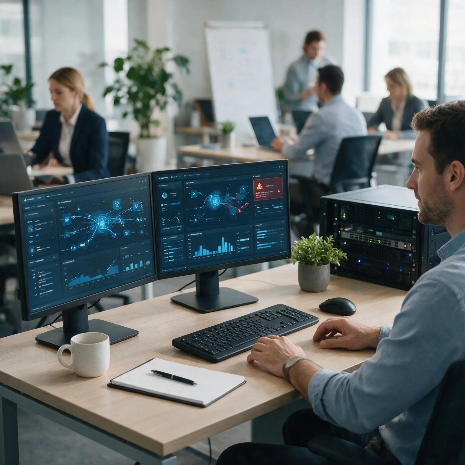 Cybersecurity specialist monitoring business systems and security threats